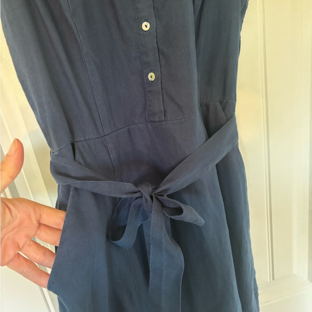 Tahari Navy Linen Sleeveless Shirt Dress with Tie Waist Size 6 - Picture 4 of 9